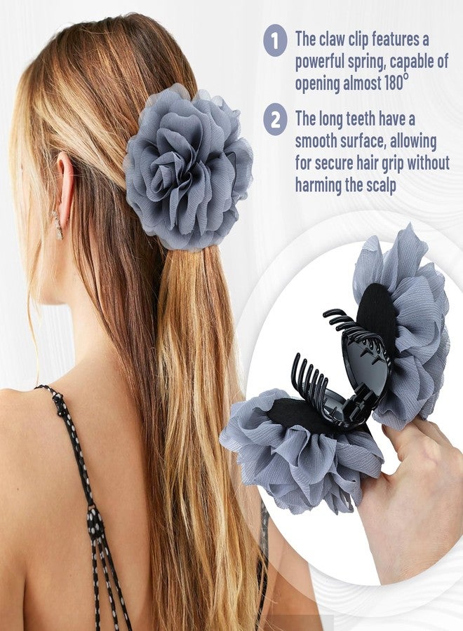Dizila 3 Pieces Large Tulle Rose Flower Hair Claws Clips Floral Bun Updo Holders Hair Barrettes Headpieces for Women Girls (White+Gray+Black) - Image 4